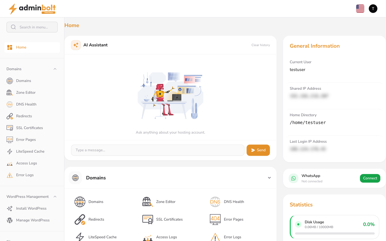 AdminBolt client panel - domains, DNS, SSL, WordPress and a built-in AI assistant